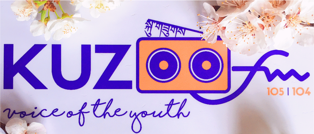 KuzooFM Logo KuzooFM logo features english and Dzongkha integrated into a boombox